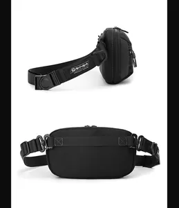 Detail of waterproof nylon waist bag showing durable stitching and adjustable logo strap