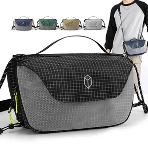 Waterproof Nylon Crossbody Bag Men Women Casual Grid Pattern Travel Messenger Bag Small Techwear Shoulder Bag Multi Pocket