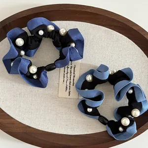 Women Korean Denim Blue Pleated Hair Scrunchie With Faux Artificial Pearl Elegant Fabric Elastic Hair Band Daily Ponytail Holder