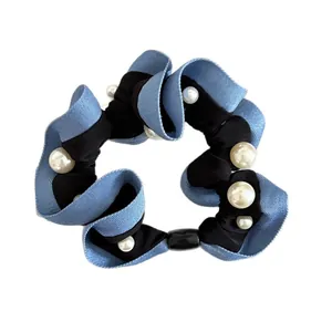Blue denim and black silk scrunchie with white pearl accents for ponytail styling
