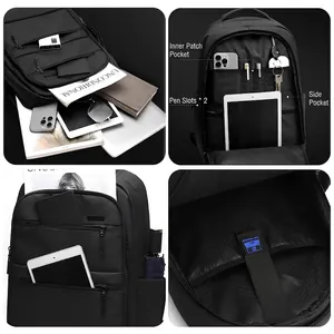 Black waterproof commuter backpack with laptop compartment and multi-pocket organization