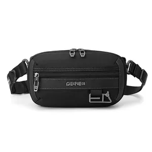Waterproof black nylon waist bag for outdoor cycling with multiple zipper pockets