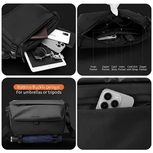 Black tactical messenger bag with multi-layer storage and adjustable umbrella strap