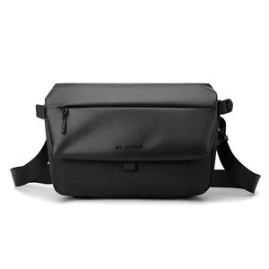 Men's street fashion black messenger bag with matte waterproof finish and logo