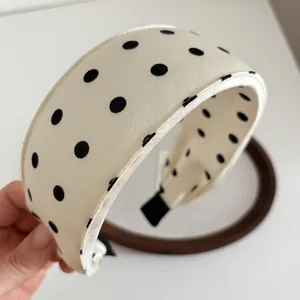 French vintage cream headband with black polka dots and sponge padded wide design
