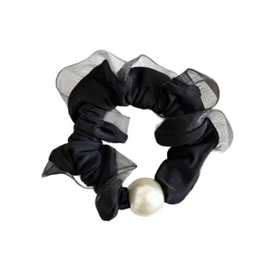 Elegant black satin and grey mesh scrunchie with a large decorative white pearl bead