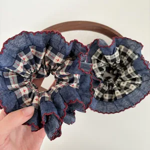 Retro denim and plaid oversize scrunchie set with vintage red zigzag stitching