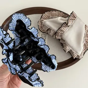 Plaid fabric shark hair clips in blue and brown with ruffled lace for elegant hair styling