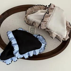 Retro gingham ruffle triangle hair clips in blue and beige academic style