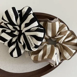 Korean Style Knit Waffle Stripe Scrunchies For Women Soft Elastic Hair Ties Non-Damaging Ponytail Holder Hair Accessories