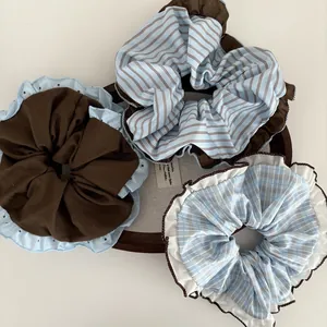 Korean Contrast Color Ruffle Scrunchies Striped Plaid Fabric Hair Ties For Women Vintage Sweet Ponytail Hair Accessories