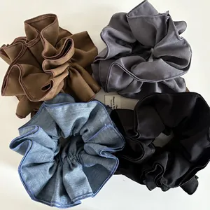 Grandi Scrunchies in Tessuto Plissettato in Cotone Twill Elastici per Capelli Con Volant Supporto per Coda Minimalista Coreano per Donna