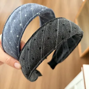 Wide padded headband set in blue and grey with herringbone fabric and polka dot pattern