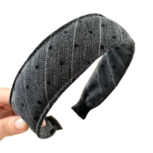 Wide padded sponge headband in grey twill fabric with chic polka dots and stripes