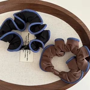 Korean Style Pleated Cloth Scrunchies With Contrast Blue Edge Vintage Ruffle Hair Ties Resin Buckle Hair Elastic For Women