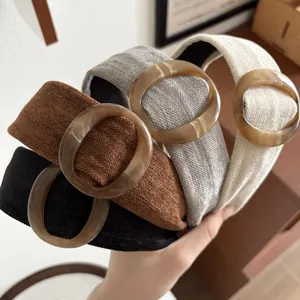 Retro Brede Stof Haarband Met Marmer Textuur Hars Ring Elegante Hoge Schedeltop Haarband Voor Vrouwen Dagelijkse Haaraccessoires