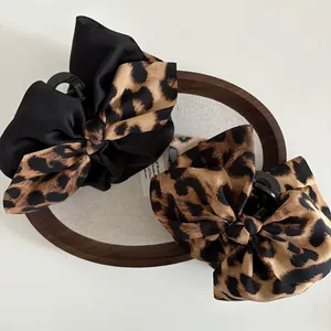 Large Leopard Print Bow Hair Claw Satin Fabric Shark Clip Elegant Contrast Color Ponytail Holder Fashion Accessories For Women