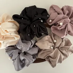 Elegant Oversized Satin Hair Scrunchie With Faux Artificial Pearls And Silver Studs Korean Style Ponytail Holder Hair Ties Women