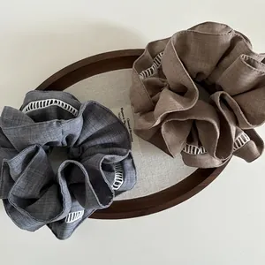Elegant double-layered hollow lace scrunchie set in grey and coffee cotton linen fabric