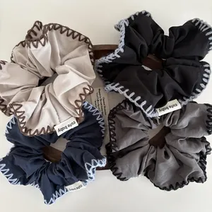 Korean Style Contrast Stitching Fabric Large Scrunchies For Women Minimalist Whipstitch Hair Ties Cute Baby Label Hair Accessories