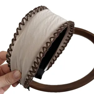 Retro beige wide fabric headband with brown embroidery edge and non-slip lining