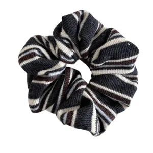 Knitted stripe hair scrunchie with elastic textured fabric in navy white and brown