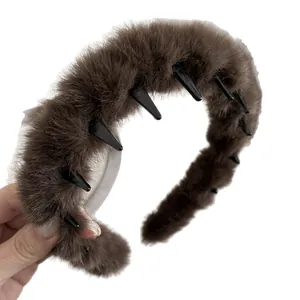 Brown plush wave headband with teeth combs for high cranial top hair accessory