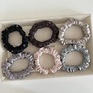 Elegant Satin Scrunchies With Crystal Embellished Solid Color Pleated Hair Ties High Elastic Hair Ropes Ponytail Holder For Women Fashion Hair Accessories