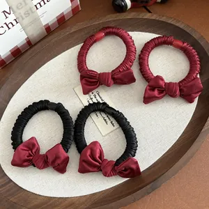 Elegant Satin Bowknot Hair Scrunchies For Women Burgundy Red Black Pleated Elastic Hair Ties With Bead Decor Hair Accessories