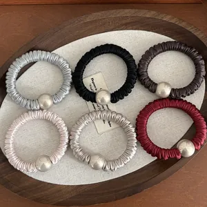 Vintage Satin Pleated Hair Scrunchie With Faux Artificial Pearl Elegant High Elastic Ponytail Holder Hair Rope For Women Daily Jewelry