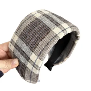 Vintage plaid wide sponge headband in beige and blue, thick retro college style hairband