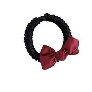 Minimalist wine red bow scrunchie with black elastic band for women hair styling