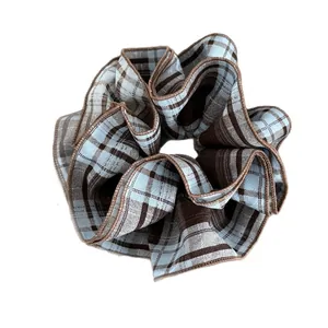 Blue and coffee checkered oversized scrunchie with pleated fabric layers for women