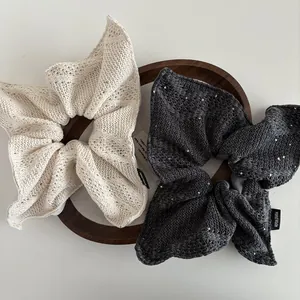 Dames Oversized Gebreide Scrunchie Elegant Effen Kleur Pailletten Haarelastiek Hoge Elasticiteit Hand Made Label Haaraccessoires