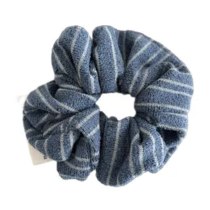 Chunky blue and white striped knitted scrunchie for women hair styling accessory