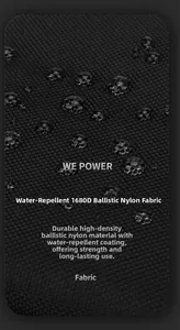 Close-up of waterproof 1680D ballistic nylon fabric with clear water droplets