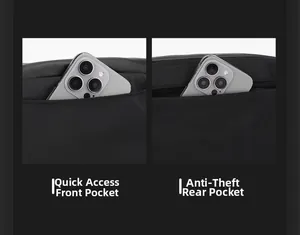 Detail view showing quick access front pocket and anti-theft back pocket of black chest bag