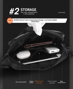 Detail view of the waterproof crossbody bag interior with tablet and mesh pockets