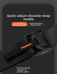 Detail of waterproof crossbody bag strap with adjustable buckle and orange stitching