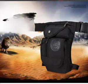Detail of black tactical leg bag with durable nylon material and multi-pocket design