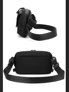 Macro detail of waterproof nylon fabric and adjustable wide shoulder strap on the black chest bag
