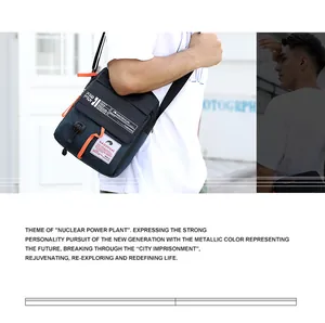 Detail view of stylish navy blue crossbody bag with orange accents and HAOSHUAI logo