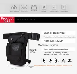 Detailed size chart and specifications for the multifunctional nylon outdoor drop leg bag