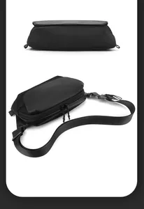 Detailed views of a minimalist black waterproof chest bag with matte finish and dual zippers