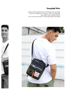 Detail of military camouflage crossbody bag featuring durable canvas and orange zipper pullers