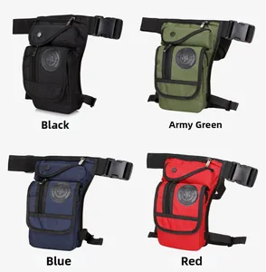 Outdoor nylon drop leg bag shown in black, army green, blue and red color options
