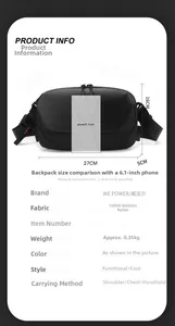 Detail view of 1680D ballistic nylon sling bag with 27x16x5cm dimensions and dual zippers