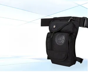 Detail view of tactical nylon leg bag with multiple pockets and adjustable straps