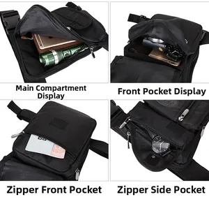 Detail of multi-functional nylon leg bag showing main and front storage compartments