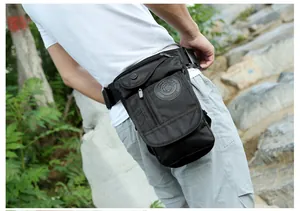 Detail of adjustable tactical nylon leg bag with secure buckle for outdoor hiking
